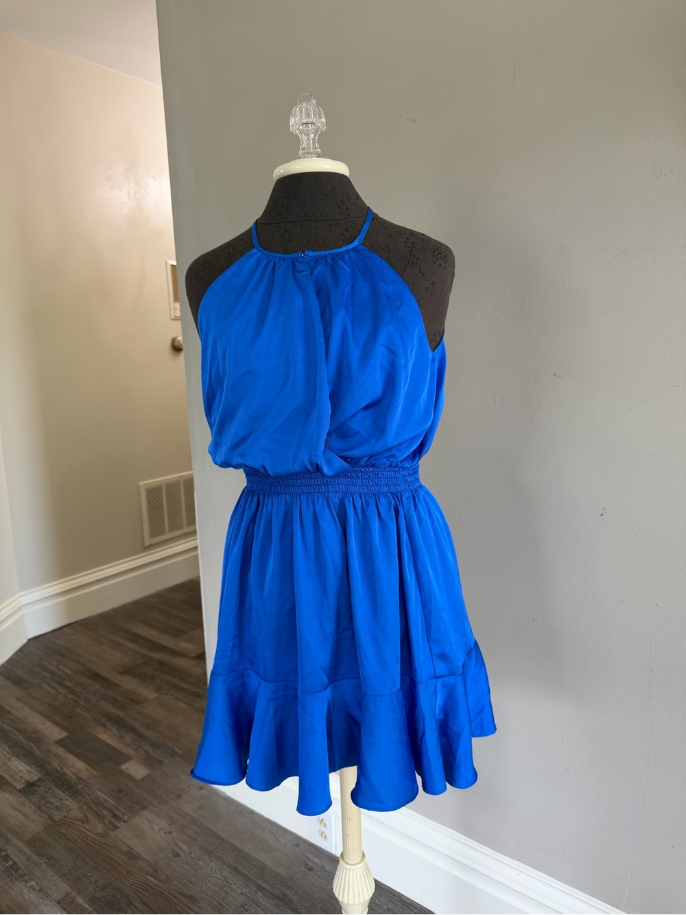 NEW Women Silky Royal Blue Halter Dress with Smocked Waist SIZE S